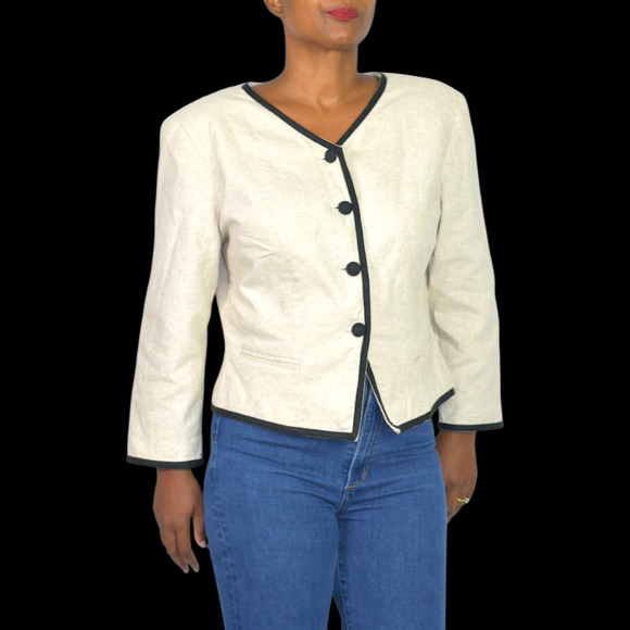 Vintage Althuser Linen Blend Blazer Jacket Beige Crop Tailored Shoulder Pads 10 - Picture 8 of 16
